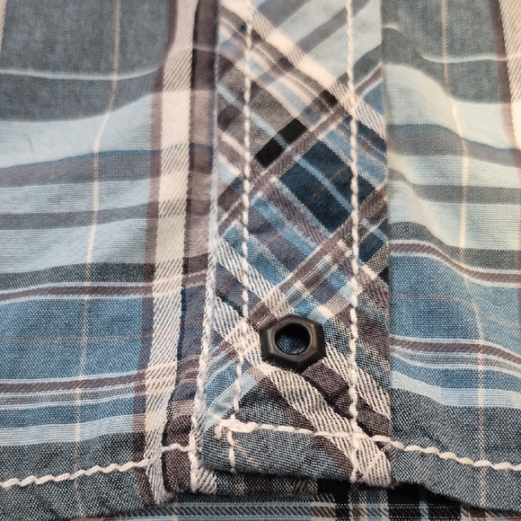 Buckle Black, Long Sleeve Black Label  Blue and Black Plaid Snap Down Mens Shirt - Picture 6 of 16